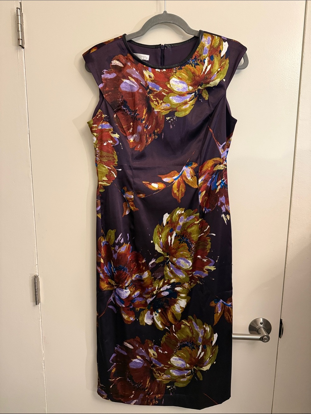 London Times Purple Floral Sheath Dress with Gold and Rust Blooms